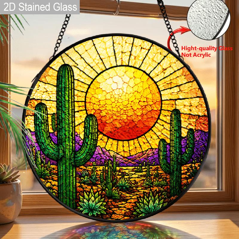 2D Flat Cactus Stained Glass Suncatcher, 6.3/7.87 Inch Desert Sunset Stained Glass Suncatcher, Southwest Cactus Window Hanging, Round Glass Panel