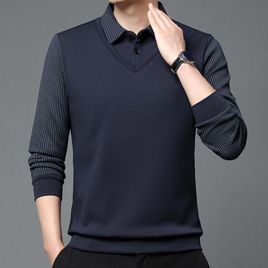 Мужская рубашка осень-весна с отложным воротником, имитация двухсекционного свитера в стиле пэчворк, большой размер, полосатая пуговица, формальный деловой стиль, мужской офисный топ