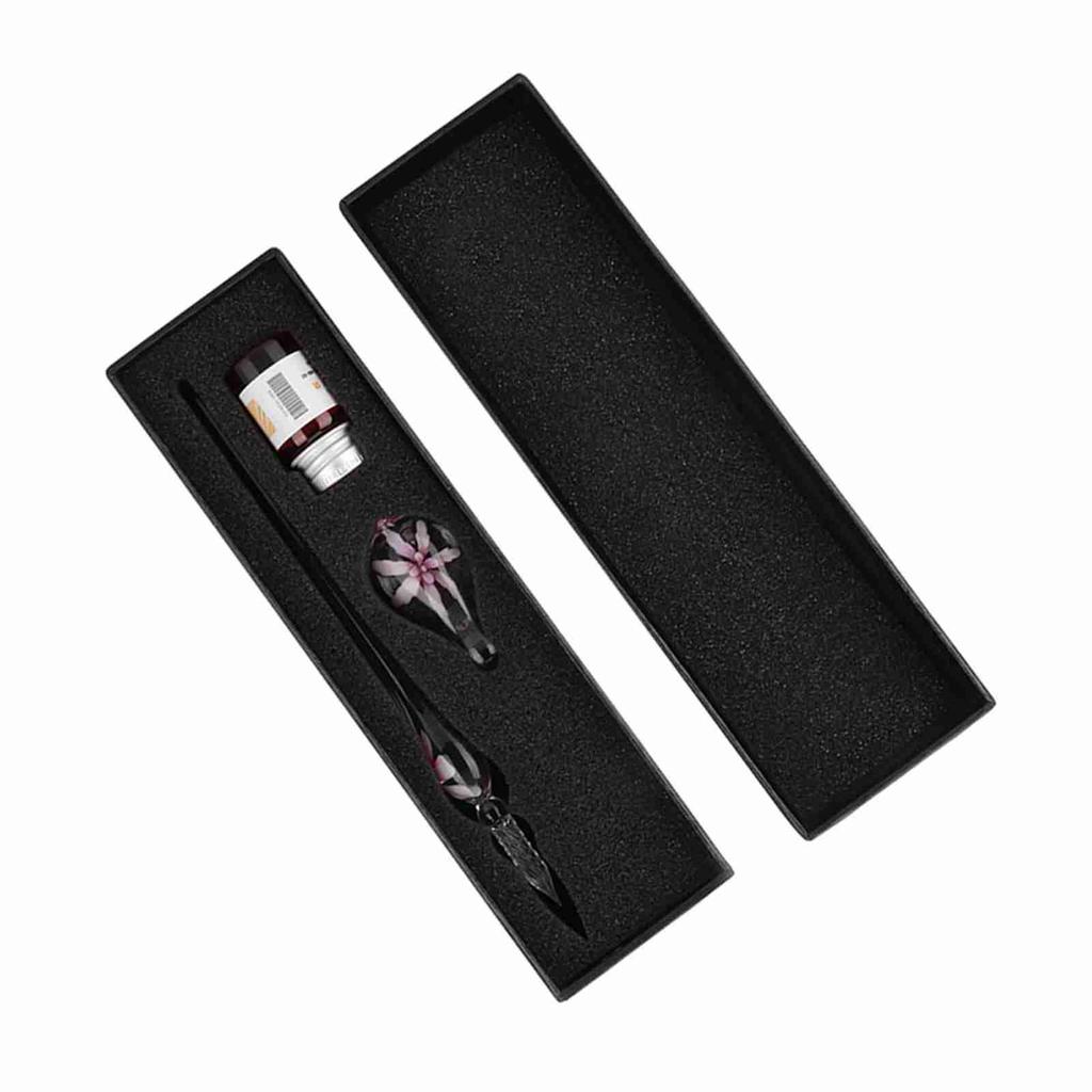 Retro Elegant Flower Glass Dip Pen Signature Ink Fountain Pen with Ink Penholder Pink