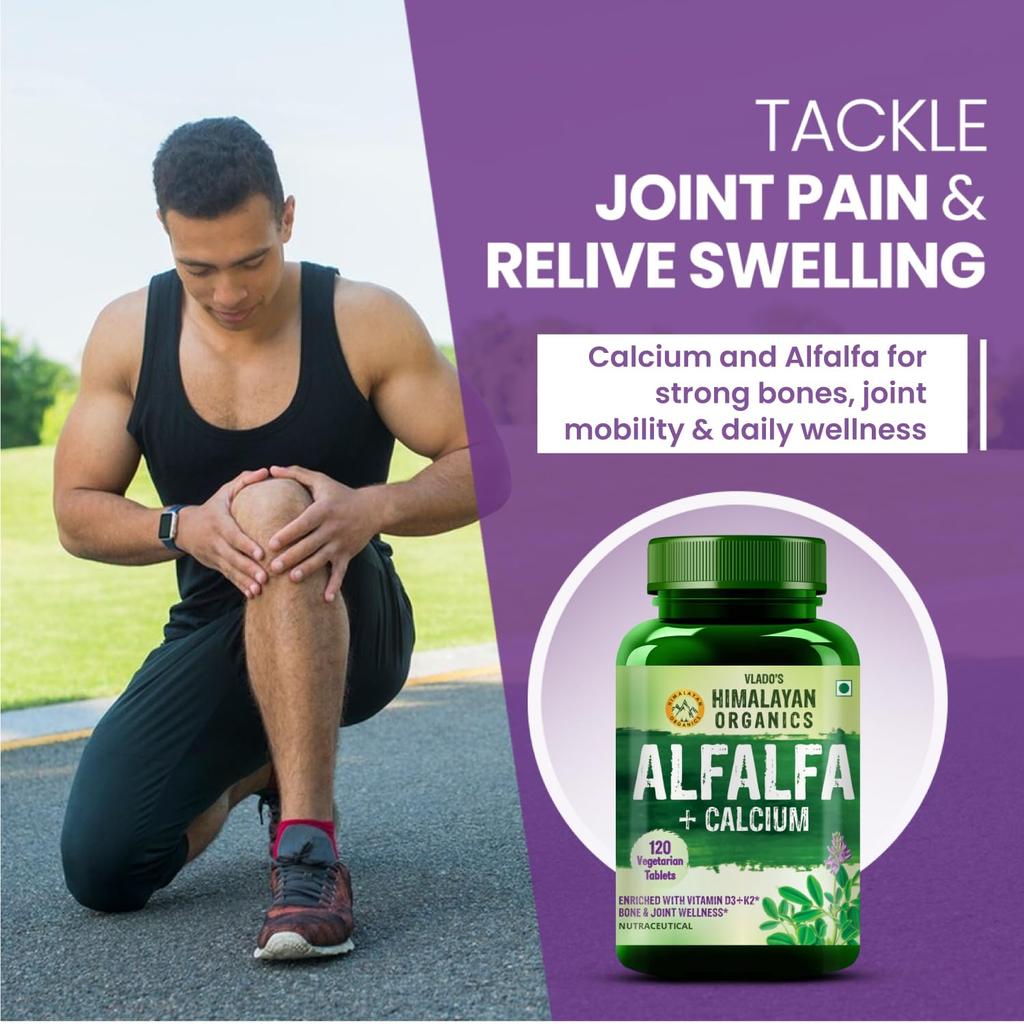 Vlado’s Himalayan Organics Alfalfa Calcium Tablets With Vitamin D3 K2 Magnesium Zinc For Bone Joint Muscle Support 120 Tablets