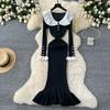 Knitted Dress Women's Autumn and Winter French Retro Color Collision Doll Collar Single-breasted Waist Slim Fishtail Long Dress