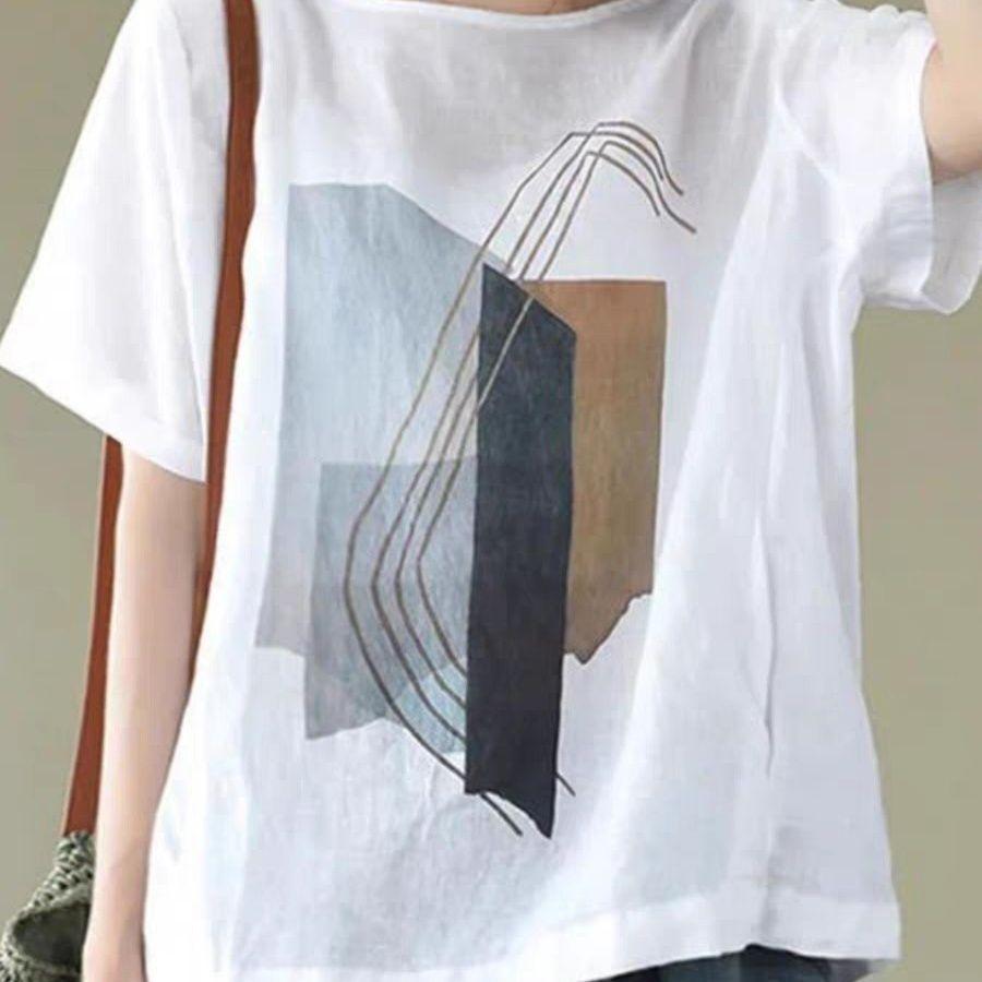 Хлопковые и льняные футболки, женская модная винтажная футболка с художественным принтом, повседневные свободные топы с круглым вырезом и короткими рукавами, летняя трендовая тонкая футболка
