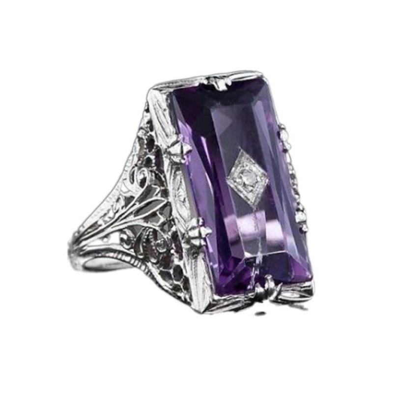 Rectangular Amethyst Openwork Floral Ring