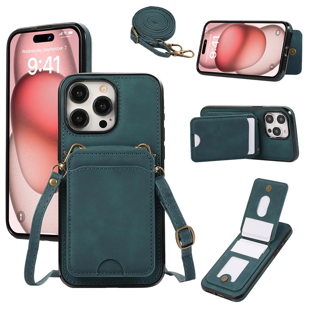 For iPhone 15 Pro Max Case Card Holder Kickstand Leather+TPU Phone Cover with Shoulder Strap