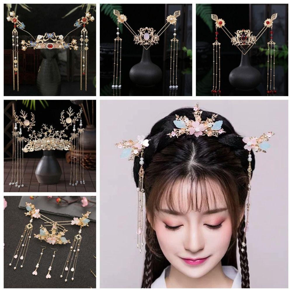 Головной убор Цветочная кисточка Шпилька для волос Жемчужина Заколка для волос в китайском стиле Ретро-ханьфу Набор для вечеринки