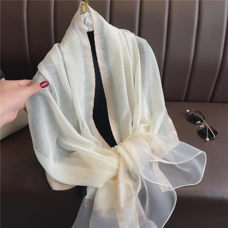 Korean Style Versatile Silk Scarf: Long Gauze Scarf with Gold Sequin and Wool Blend for Spring and Autumn.