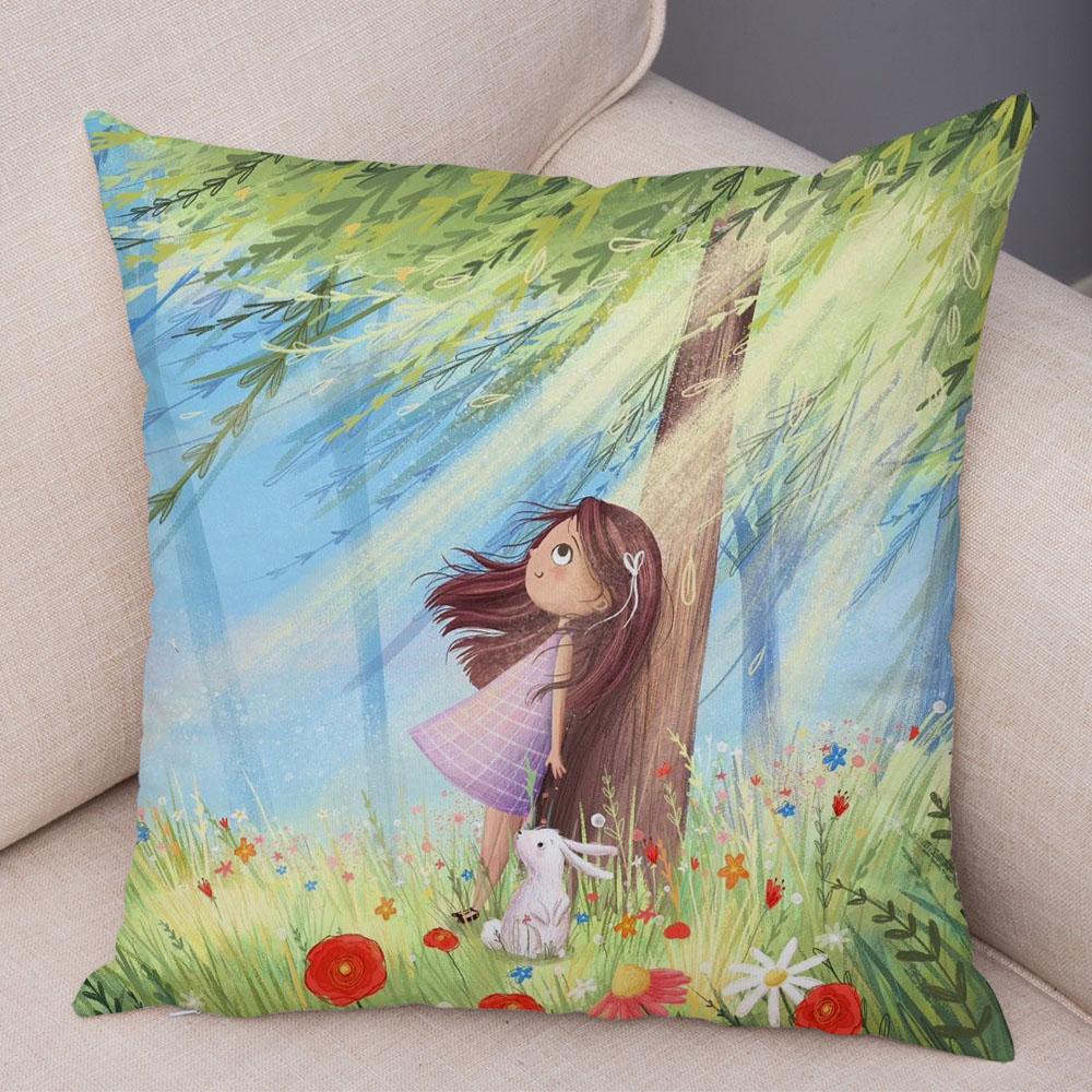 Super Soft Plush Pillow Case for Sofa Home Watercolor Cartoon Girl Cushion Cover Decor Fairy Tale World Lovely Child Pillowcase