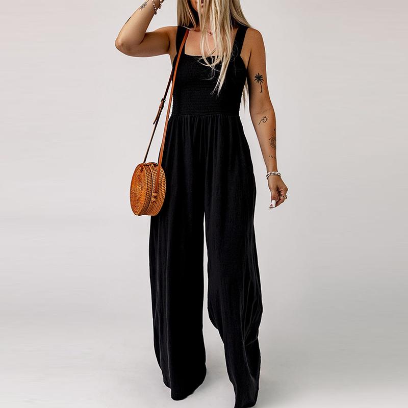 Women's Basic Simple High Waisted Knit Strapless Wide Leg Pants Pure Black One-piece Pants