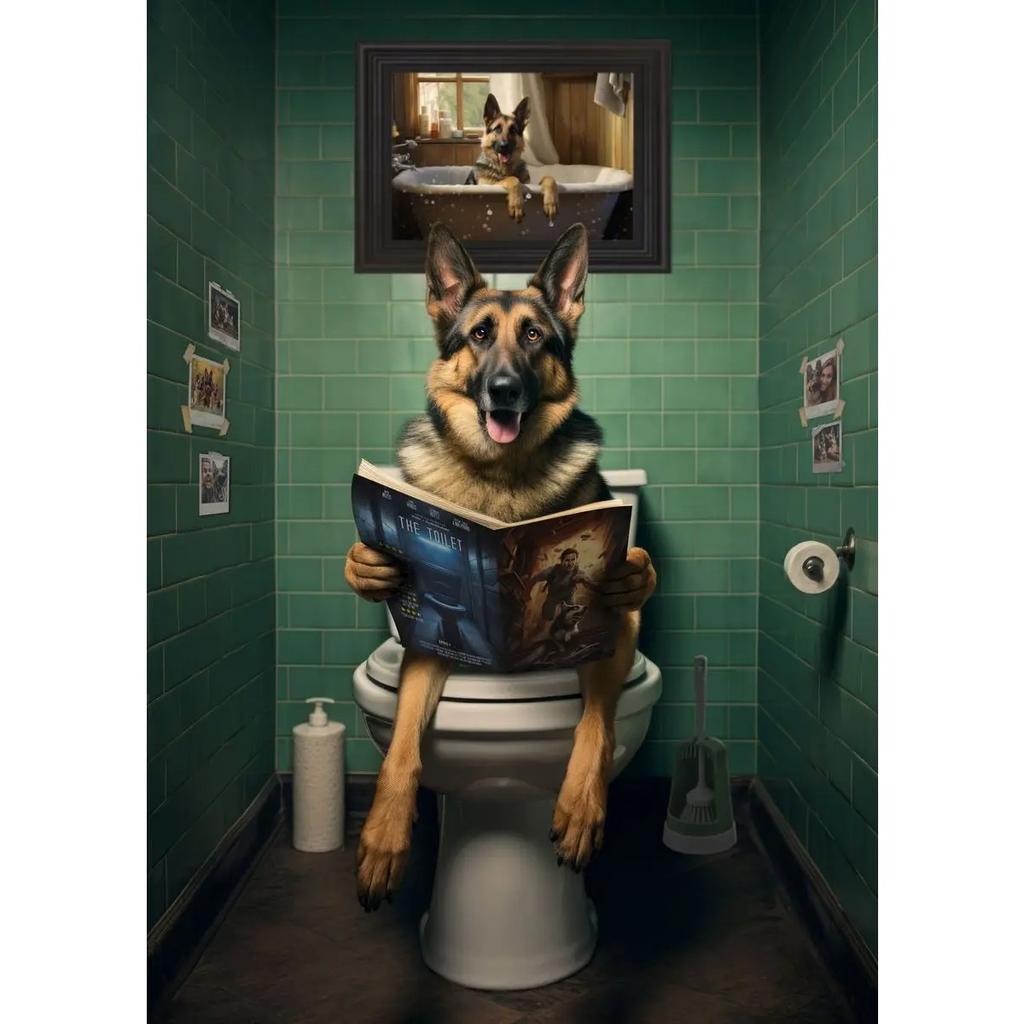 Собака Обезьяна Шотландская Корова Сидят на Туалете Читают Газету Постер Животный Принт Холст Картина Забавный Декор Стены Ванной