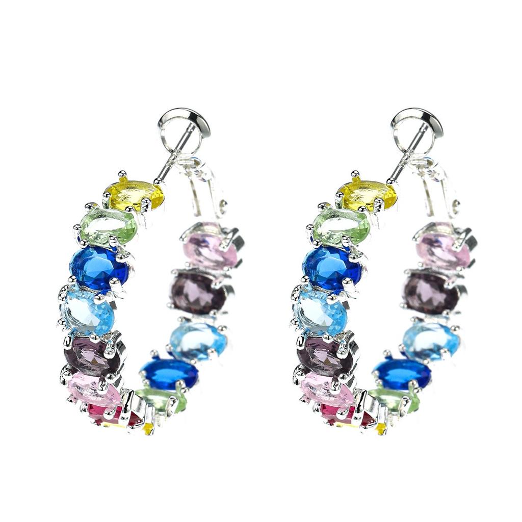 Gold Plated Rainbow Multi‑color Cubic Zirconia Hoop Earrings Oval Zircon Inlaid C‑Shaped Earrings Party Women Fashion Jewelry