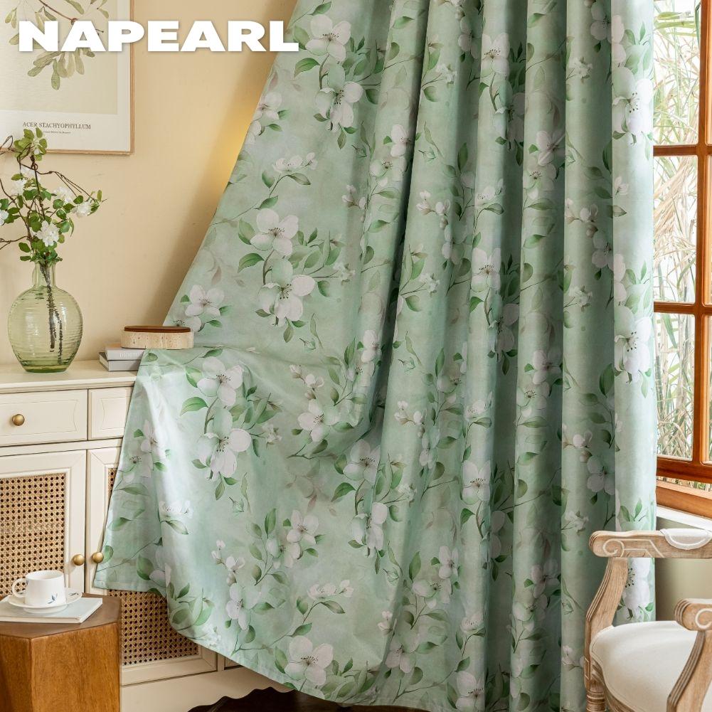 1PC NAPEARL Nordic Countryside Style Green Printed Curtains with Full Blackout Curtains for Bedroom Living Room Balcony Window for Home Decor