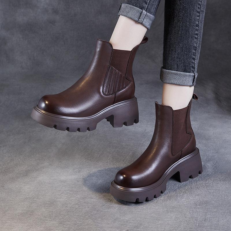 6 см 2025 Новые Ботильоны из Натуральной Кожи Женские На Квадратном Каблуке На Платформе Челси Осень Зима Женская Обувь