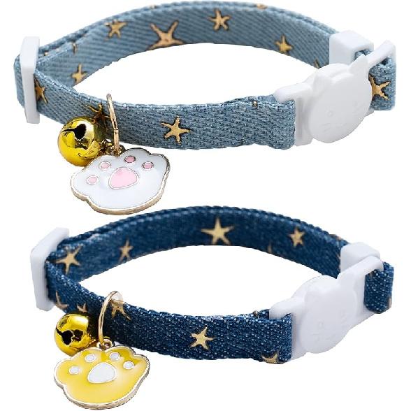 2 Pack Cotton Breakaway Cat Collars with Bell Flower Pendant Kitty Kitten Collars Pink Purple Collar for Female Girl Cats Male Boy Cats