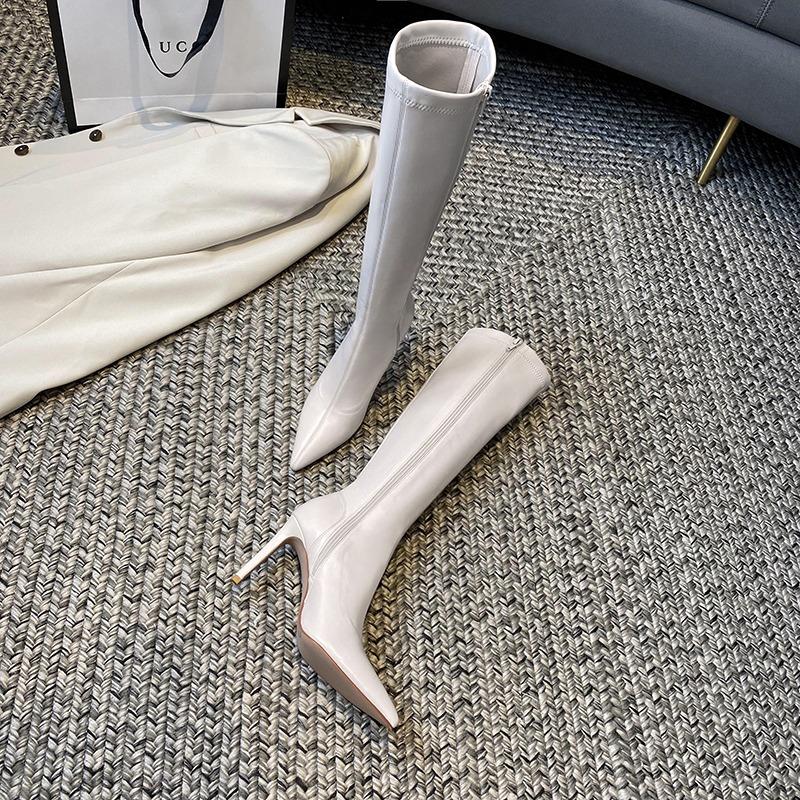 Black Winter Knee High Shaft Heels Pointed Toe Women's Boots Leather Footwear Elegant Heeled Shoes for Woman Long Spring  Pu