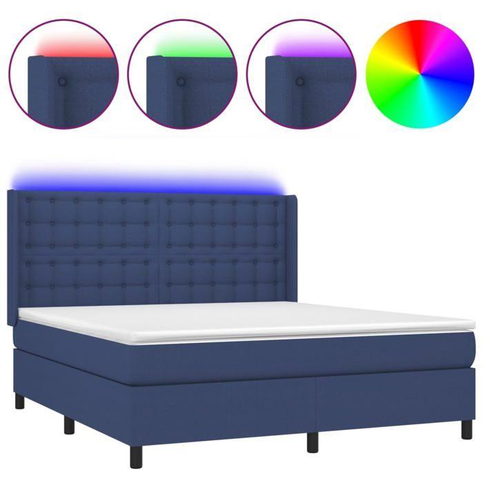 Sommier à lattes avec matelas - 160x200 cm - Tissu bleu - Bande LED colorée - 2 places