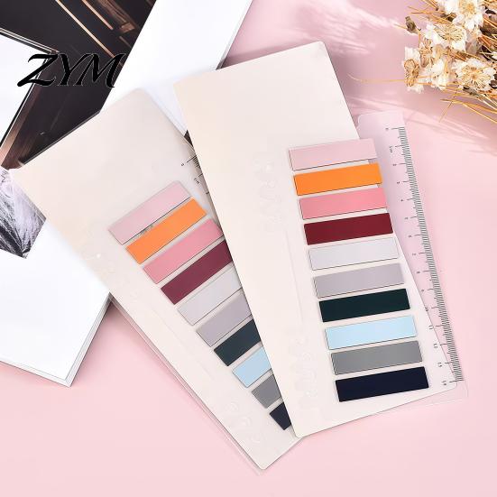 Student Stationery Supplies Index Sticker Tabs with Built-in Scale Ruler, Morandi Color Transparent Study Note Classification Labels PET Page Markers,