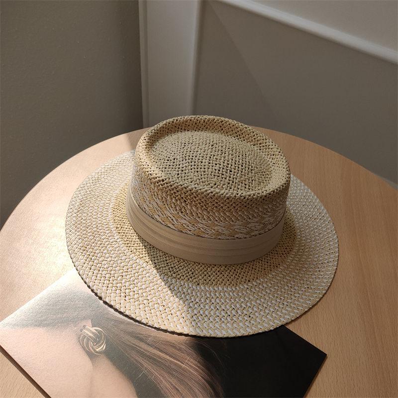 European and American style hand-woven mixed color hollow concave flat top hat women's retro versatile summer travel sun hat