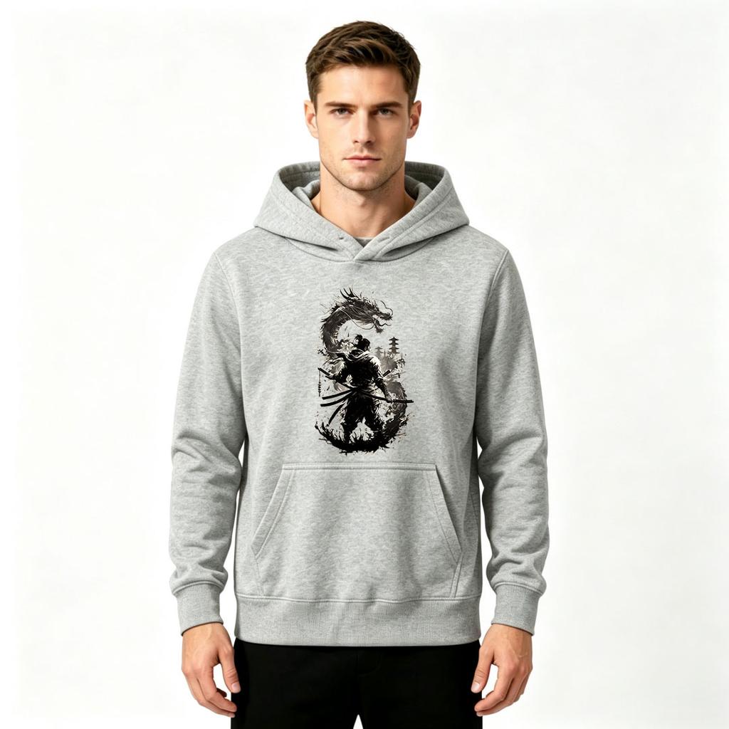 Men's Samurai Dragon Print Pullover Hoodie Casual Long Sleeve Graphic Sweatshirt