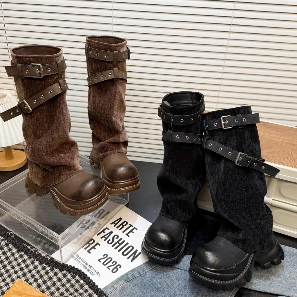 Thick-soled belt buckle boots autumn and winter new suede splicing fashion tall knight boots stacked pants tube boots