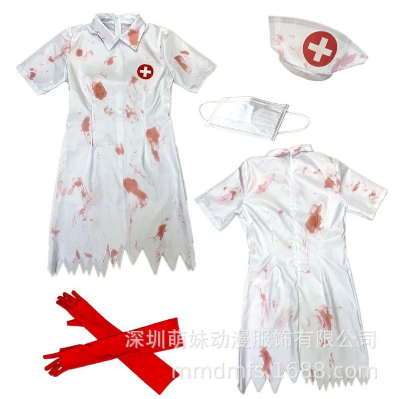 Womens Zombie Nurse Costume Set Halloween Cosplay Party Dress-Up Outfit With Skirt Gloves Headpiece