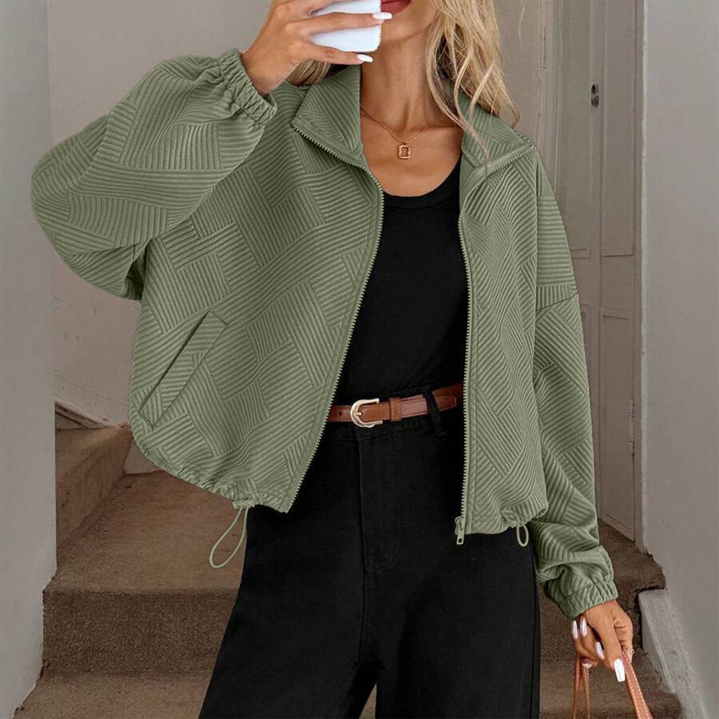 Women's Fashionable Solid Color Long Sleeved High Neck Zipper Hem Drawstring Pocket Loose Baseball Jacket