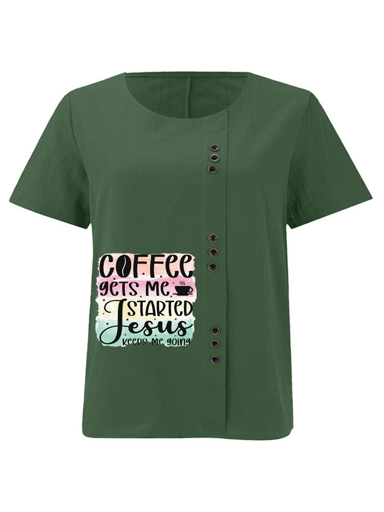 Women's Fashion Letter Pattern Print Round Neck Short Sleeve T-shirt Casual Cotton Linen Graphic Shirt Leisure Loose Summer Blouse Tops