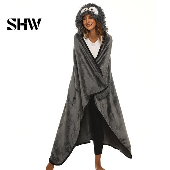 Cozy Weekend Wear Wearable Blanket Hoodie, Women Cute Animal Plush Hooded Cape, Soft Warm Pajamas for Adults Sloth Highland Cow Penguin Cape Cosplay,