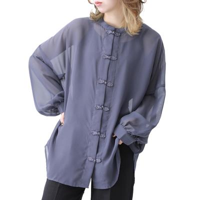 Oshare Walker Прозрачная Китайская Длинная Китайская Мао Пышная Объемная Пастельная tfn0383 n'OrLABEL Блузка, Женский Топ, Рукава, Пуговицы, Воротник, Стойка,