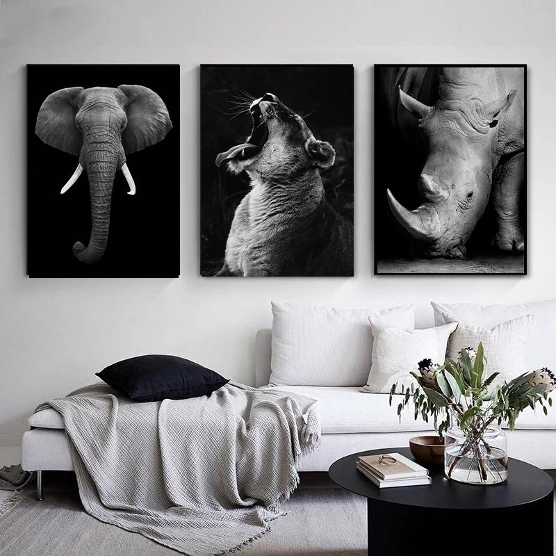 Черно-белые настенные постеры с животными, принт, носорог, жираф, зебра, лев, слон, холст, картина, настенное искусство, декоративные домашние фотографии