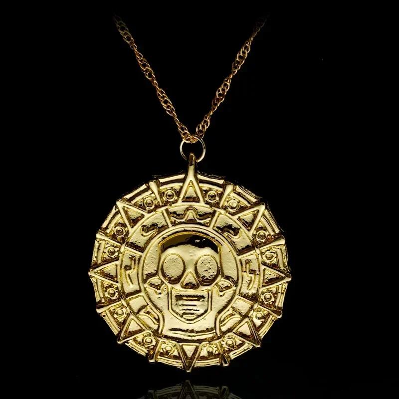 Pirates of The Caribbean Necklace Aztec Coin Vintage Gold Plated Captain Jack Sparrow Medal Pendant Necklace