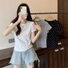 2026 New Women's Vintage Polka Dot Print Short-sleeved Fitted Casual T-shirt with a Round Neck