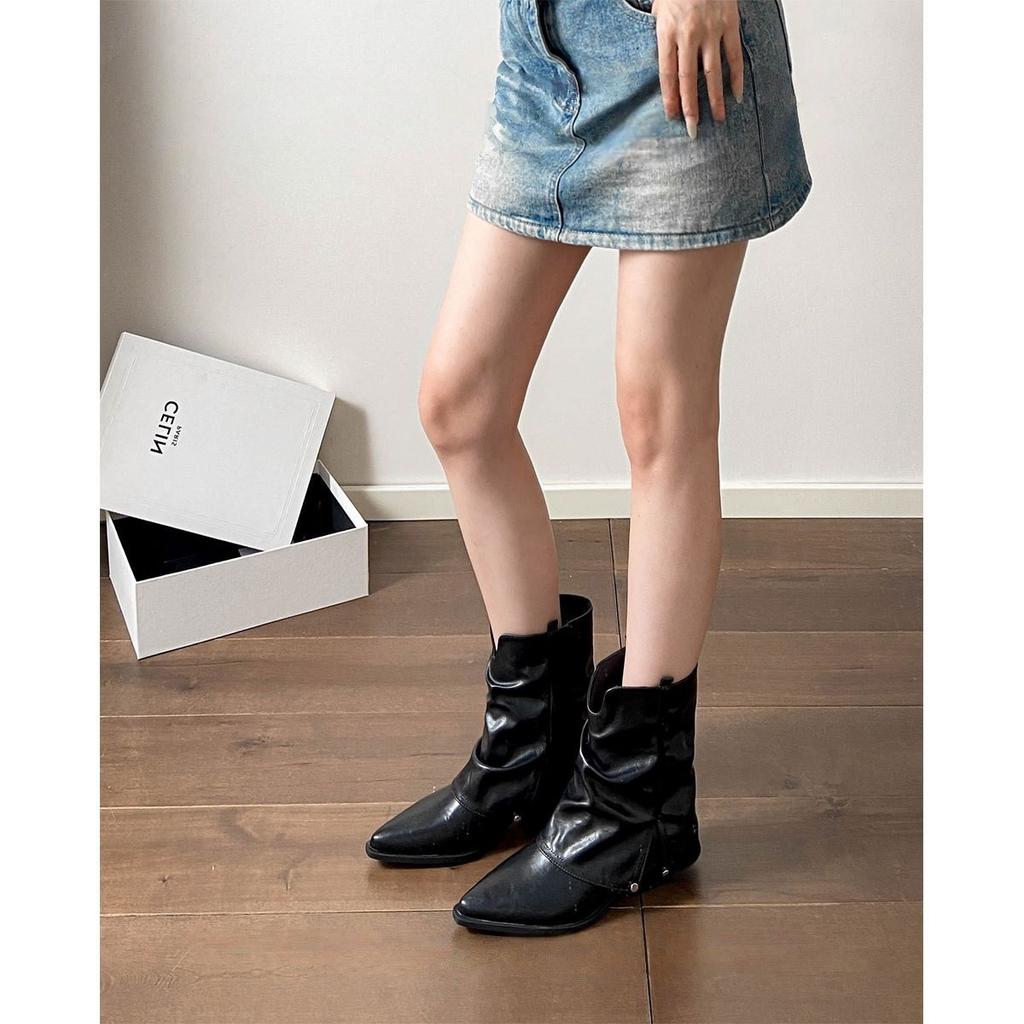 Retro American Boots Pointed Black Skinny Pedal Short Pants Pile Boots Female Summer