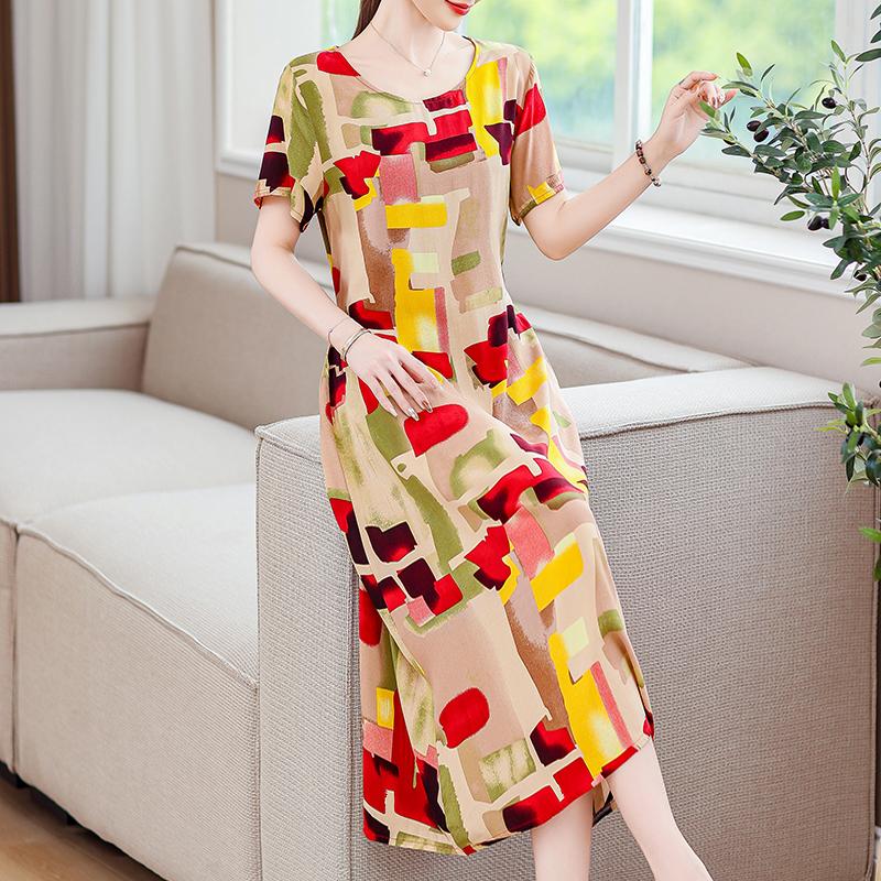 Летнее винтажное платье для женщин, повседневные платья больших размеров с короткими рукавами и поясом, элегантная женская одежда среднего возраста