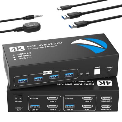 KVM-переключатель с 2 входами HDMI и 2 выходами, 4K@60 Гц, HDMI-переключатель для 2 ПК и 2 мониторов, 5 Гбит/с, 4 порта USB 3.0, Поддерживает клавиатуру, мышь, принтер