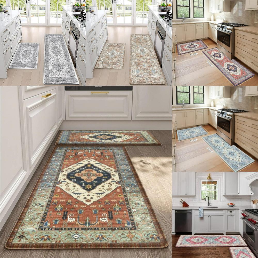 Machine-washable Retro Boho Kitchen Mat Laundry Room Nonslip Floor Mat Long Strip Mat Hallway Rug Doormat Living Room Sofa Rug