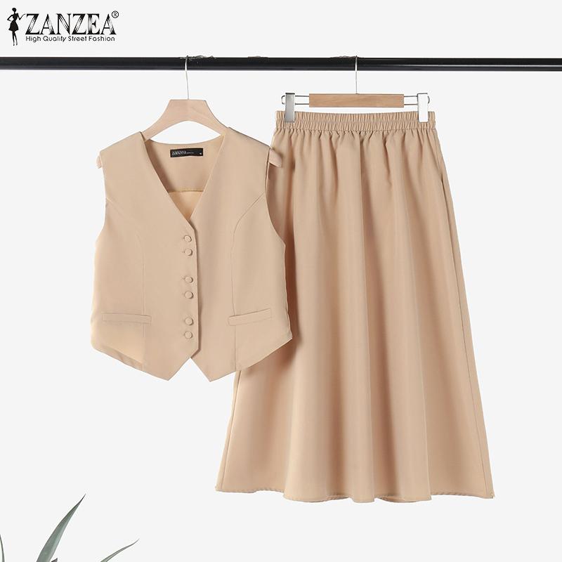 ZANZEA Женские летние комплекты из однотонных маек с V-образным вырезом и юбки А-силуэта