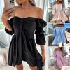 Женское мини-платье с открытыми плечами, свободный подол, высокая талия, объемные рукава, трапециевидное однотонное мягкое плиссированное женское пляжное платье для выпускного вечера