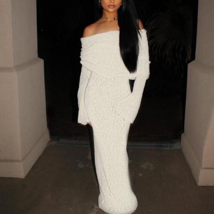 Elegant Knit Maxi Dress for Women Off Shoulder Long Sleeve Sheer Hollow Beach Party Long Dress