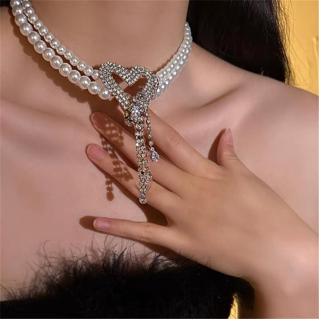 Мода Легкая Роскошь Высокий Туксика Чувство Двойной Жемчуг Вспышка Бриллиант Любовь Кисточка Ожерелье Ожерелье Цепочка на Шею Цепочка на Ключицу