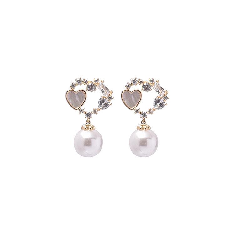 1010 new love pearl 911 silver needle Korean high-end sense rhinestone Internet celebrity temperament earrings pendant ear jewelry