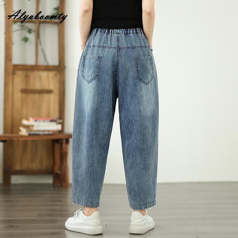 Корейский стиль весна-лето женские джинсы с цветочной вышивкой эластичный пояс повседневные свободные синие джинсовые брюки элегантные женские джинсы-шаровары с карманами