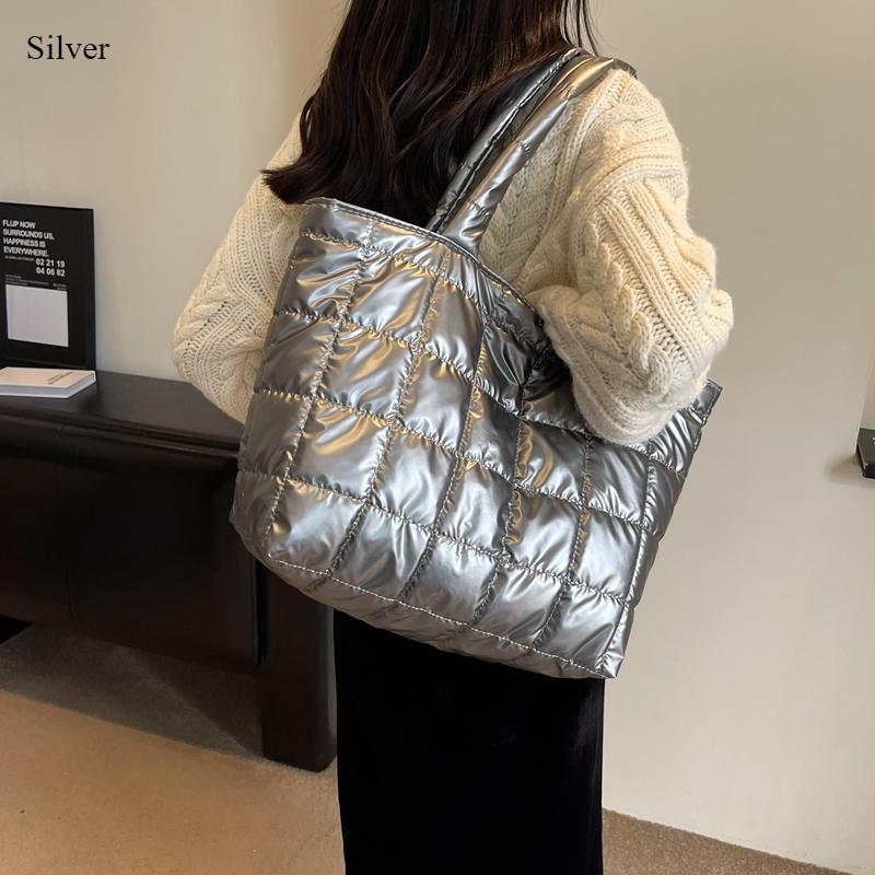 Зимняя сумка через плечо для девочек, большая вместительная сумка с глянцевой поверхностью, однотонная сумка, простой стиль для покупок, путешествий, работы, хранения вещей