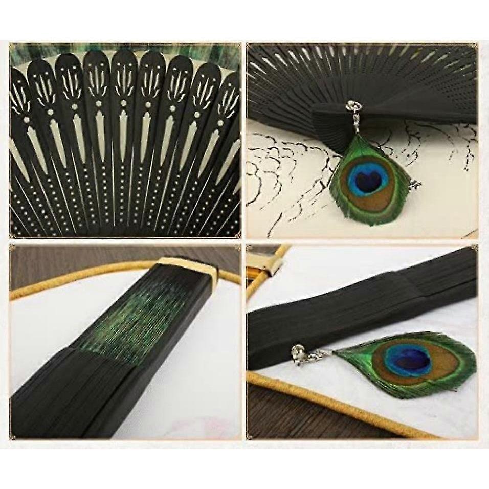 Ladies high-end bamboo folding hand fan, peacock feather pattern 1 piece