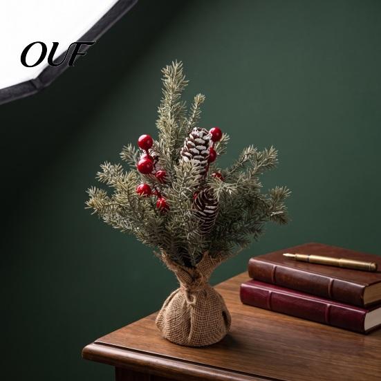 Artificial Pine Tree Desktop Miniature Christmas with Red Berries, Mini Burlap Plant for Home Base, Tabletop Faux Small Potted Holiday Party
