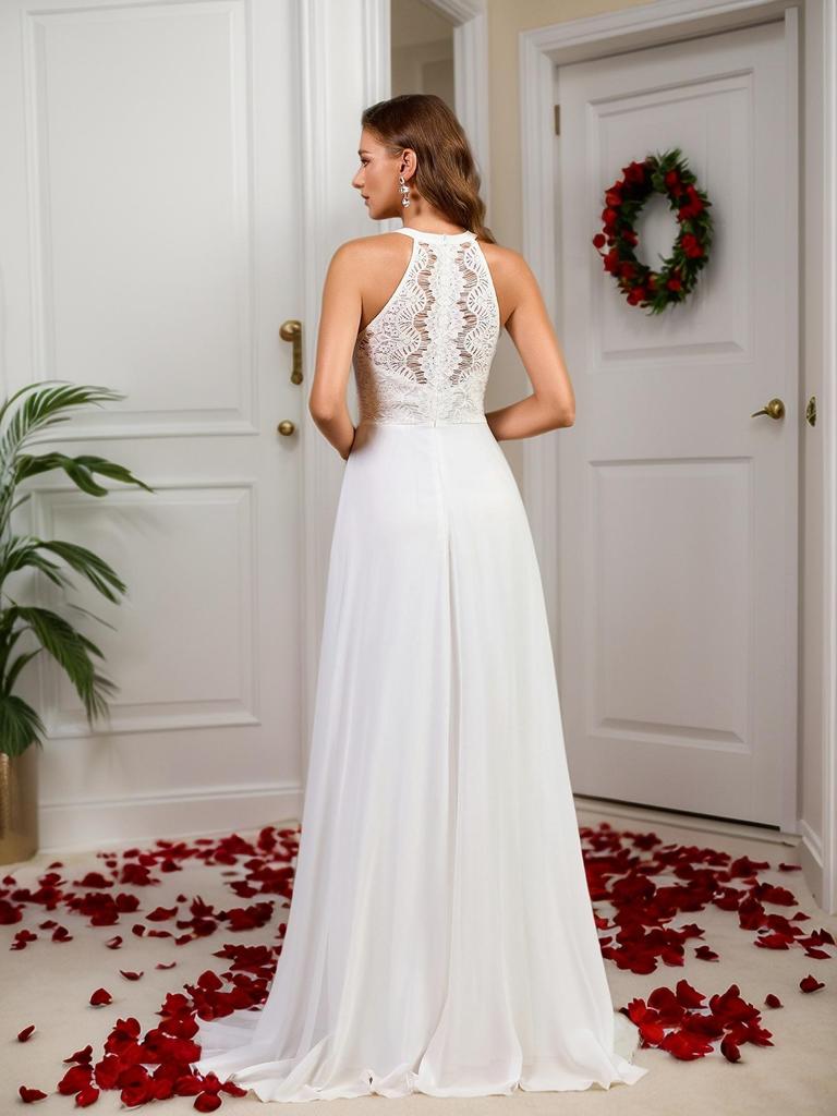 European & American Halter Embroidered Slit Fishtail Evening Dress