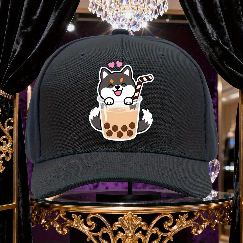 Shiba Inu Bubble Tea Baseball Cap Cute Cartoon Dog Graphic Adjustable Trucker Hat