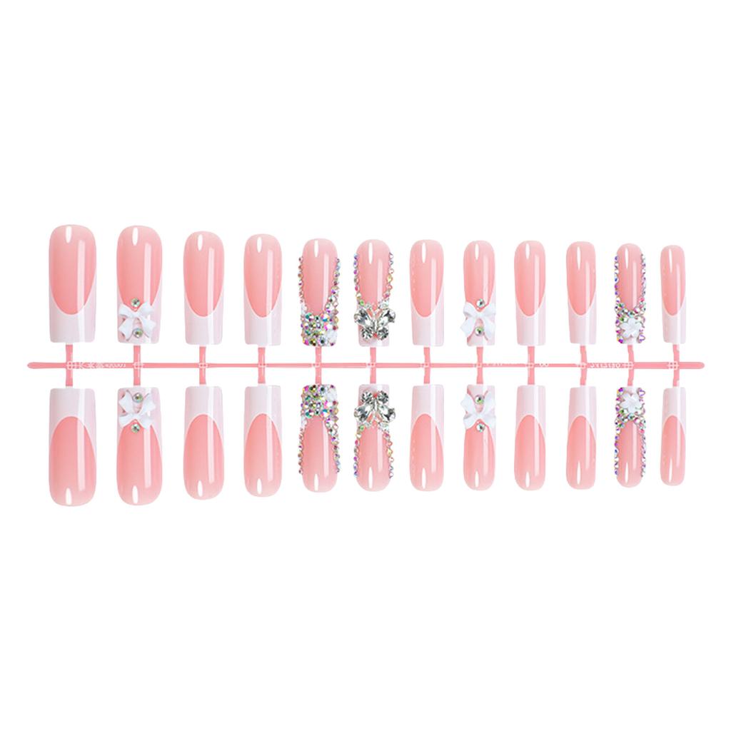24PCS Nude Pink Long Fake Nails with Bowknot Easy Effortless Application to Nails for Hot Girl Dress Matching