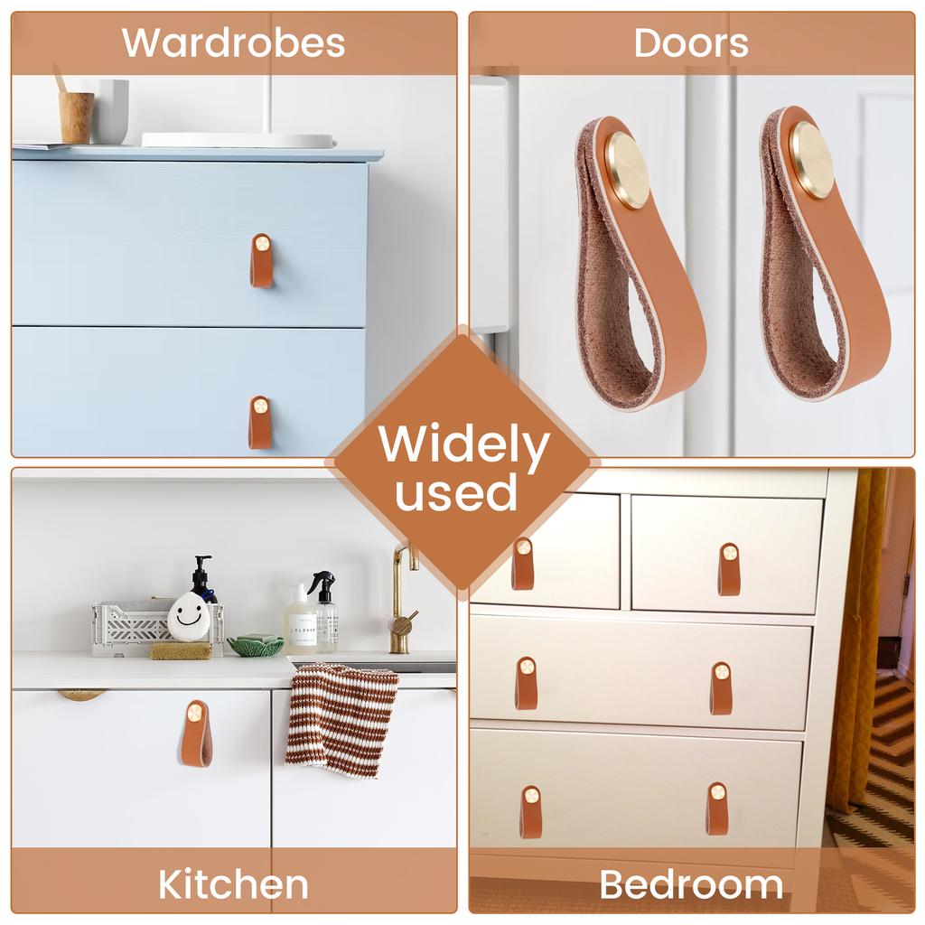 6Pcs Leather Drawer Pulls Cabinet Wardrobe Door Drawer Knob Nordic Style Thickened Cow Leather Pulls with Brass Buckles