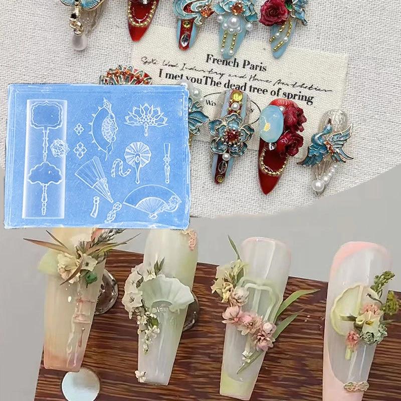 3D Силиконовая форма для ногтей в китайском стиле Изысканный Дракон Медные монеты Колокольчики Пуговицы Китайские узлы Форма Веер Прозрачная форма для нейл-арта