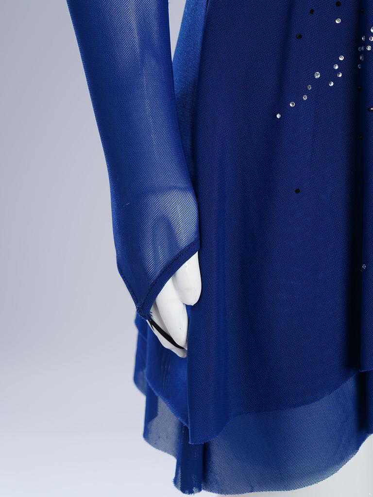 Girls Lyrical Dance Dress Sheer Mesh Long Sleeves Cutout Back Design with Sparkly Rhinestones Asymmetric Hem Skirt